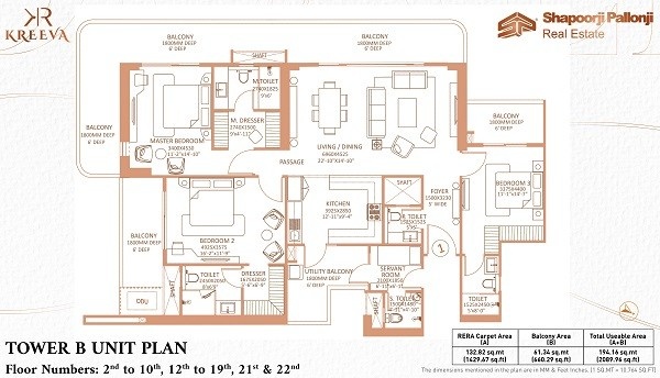 Shapoorji The Dualis 3 BHK Floor Plan – 2850 sq.ft. in Sector 46 Gurgaon